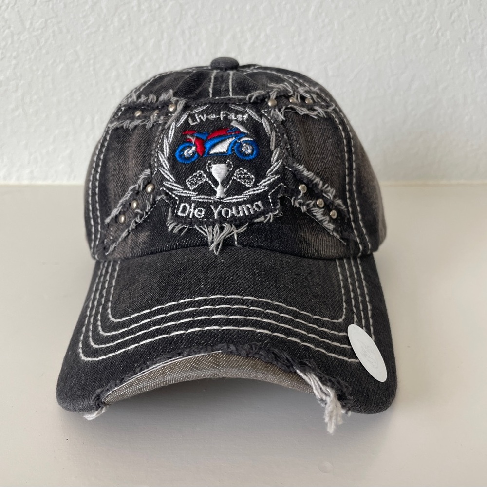 Distressed Black Demin Live Fast Die Young Cap